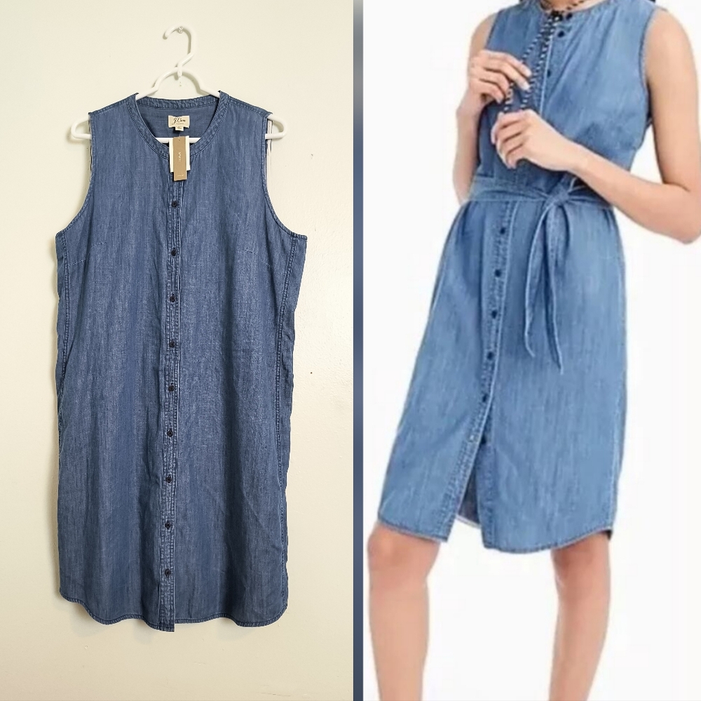 J. Crew XL Blue Chambray Shirtdress Sleeveless Knee Length Norton Wash